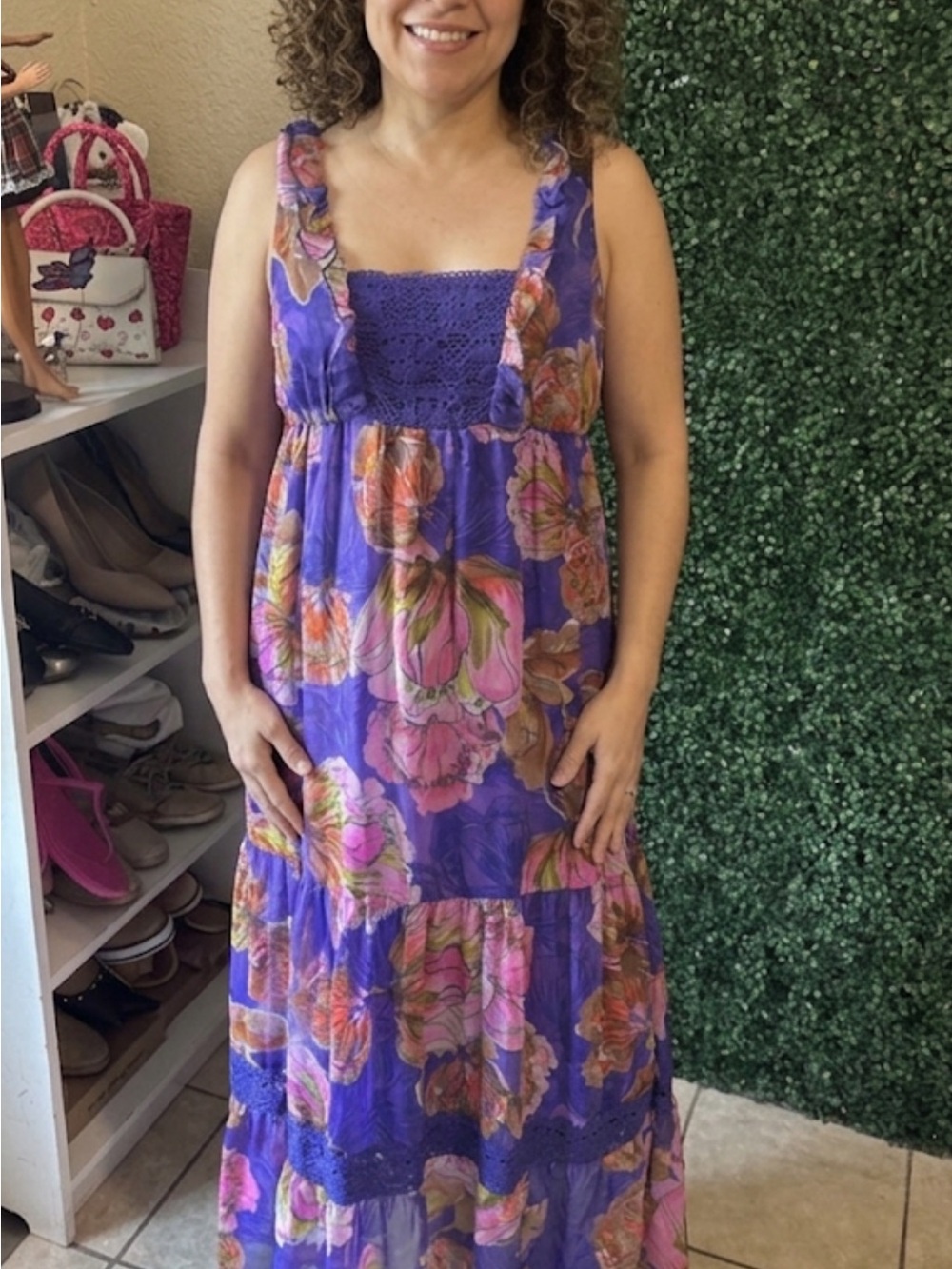 Antthony Purple Floral Maxi Dress with Crochet Bodice Detail 195